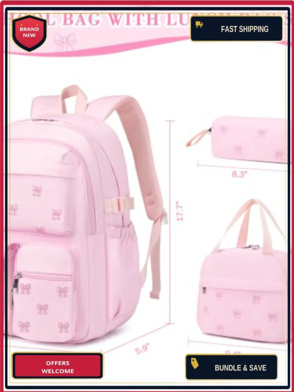 3PC Kids Backpack Set Embroidered Nylon School Bookbag with Lunch Bag Pencil